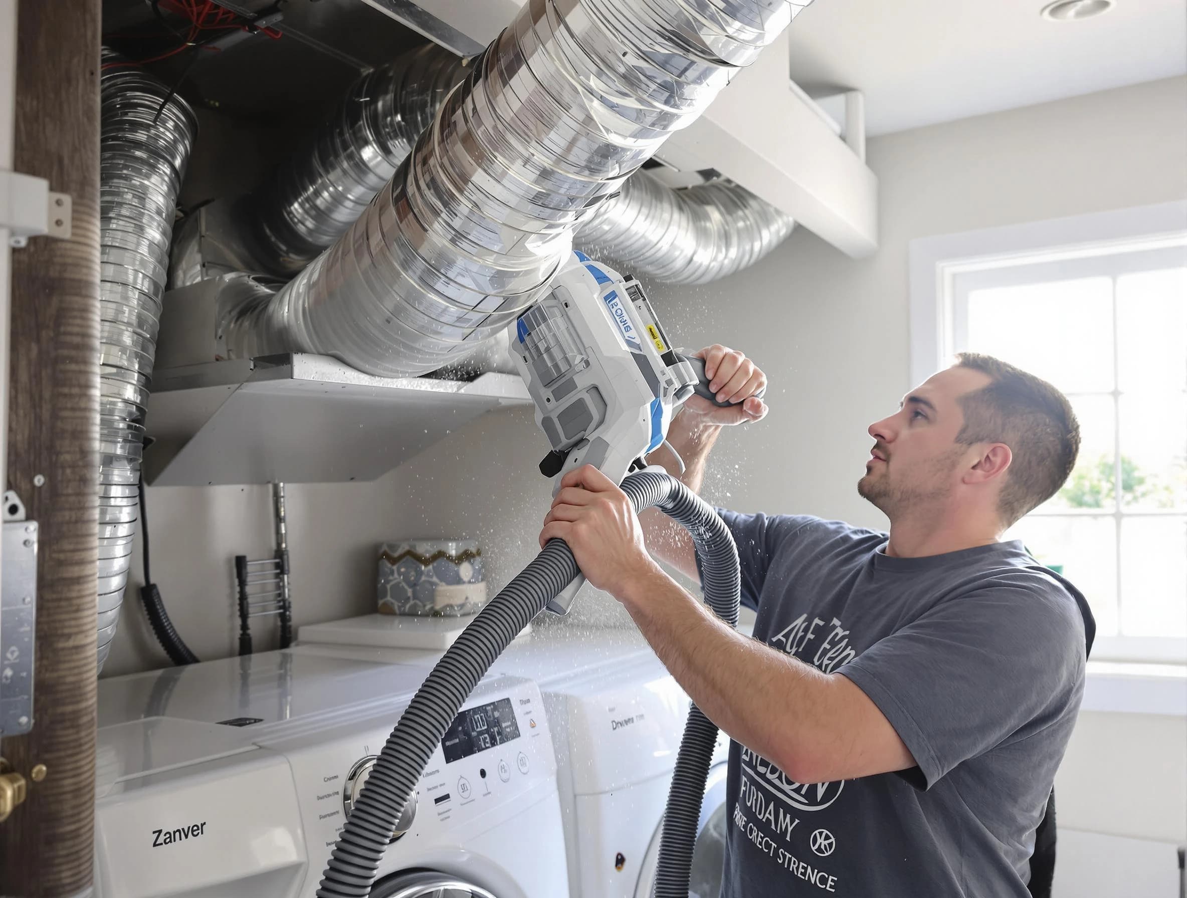 Milford Dryer Vent Cleaning specialist cleaning deep within a dryer vent duct system in Milford