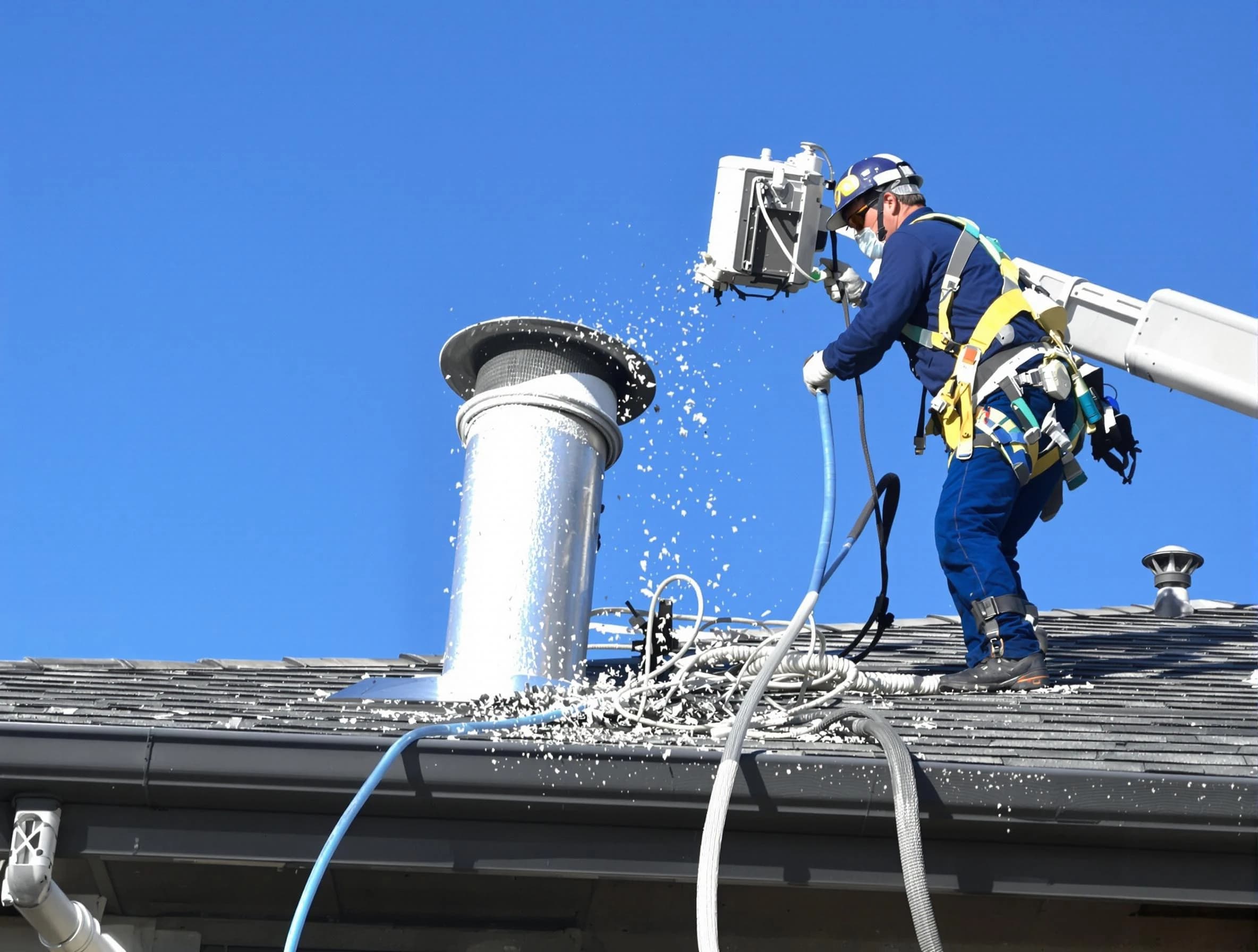 Milford Dryer Vent Cleaning certified technician safely cleaning a roof-mounted dryer vent in Milford