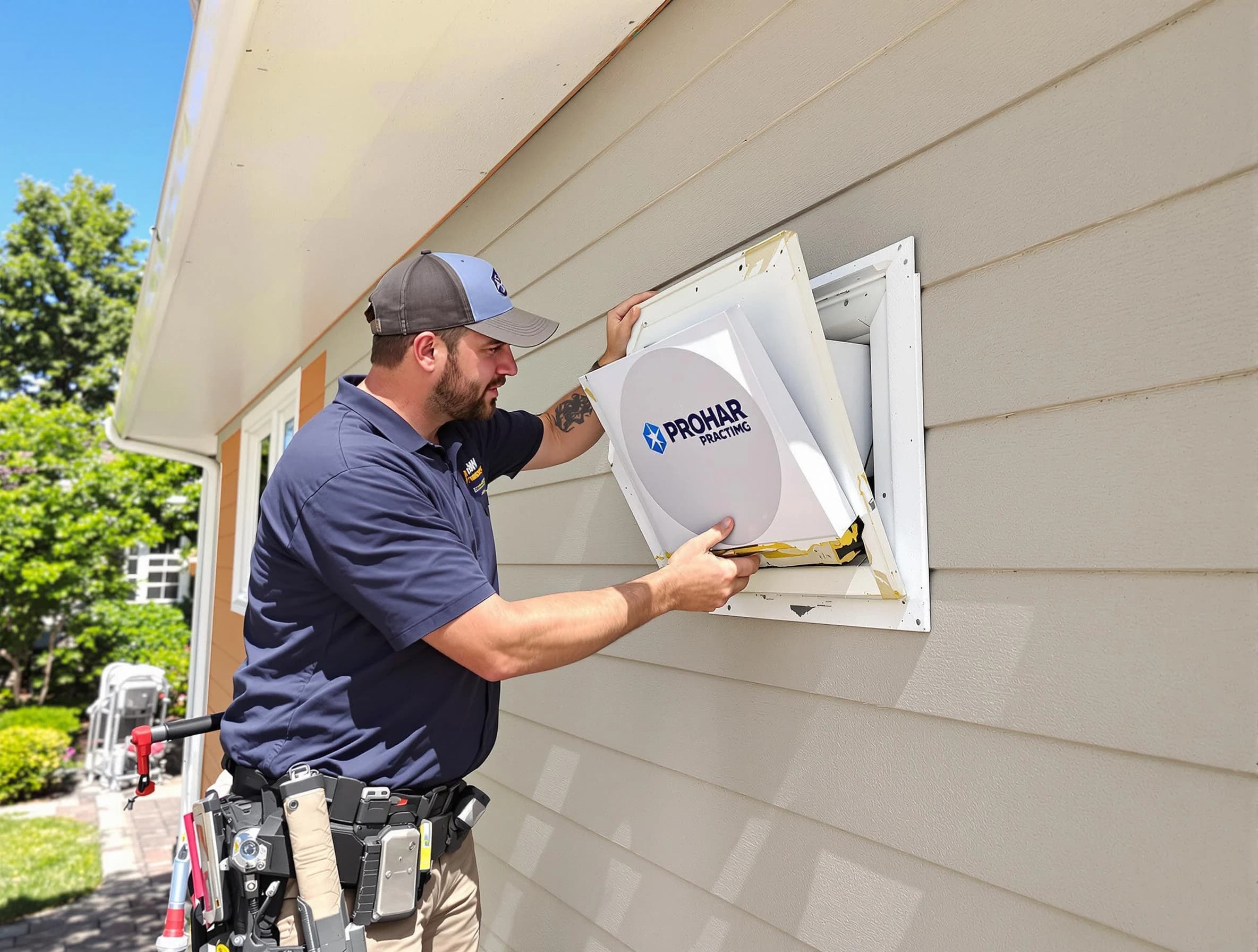 Milford Dryer Vent Cleaning technician installing a new protective dryer vent cover on a home in Milford