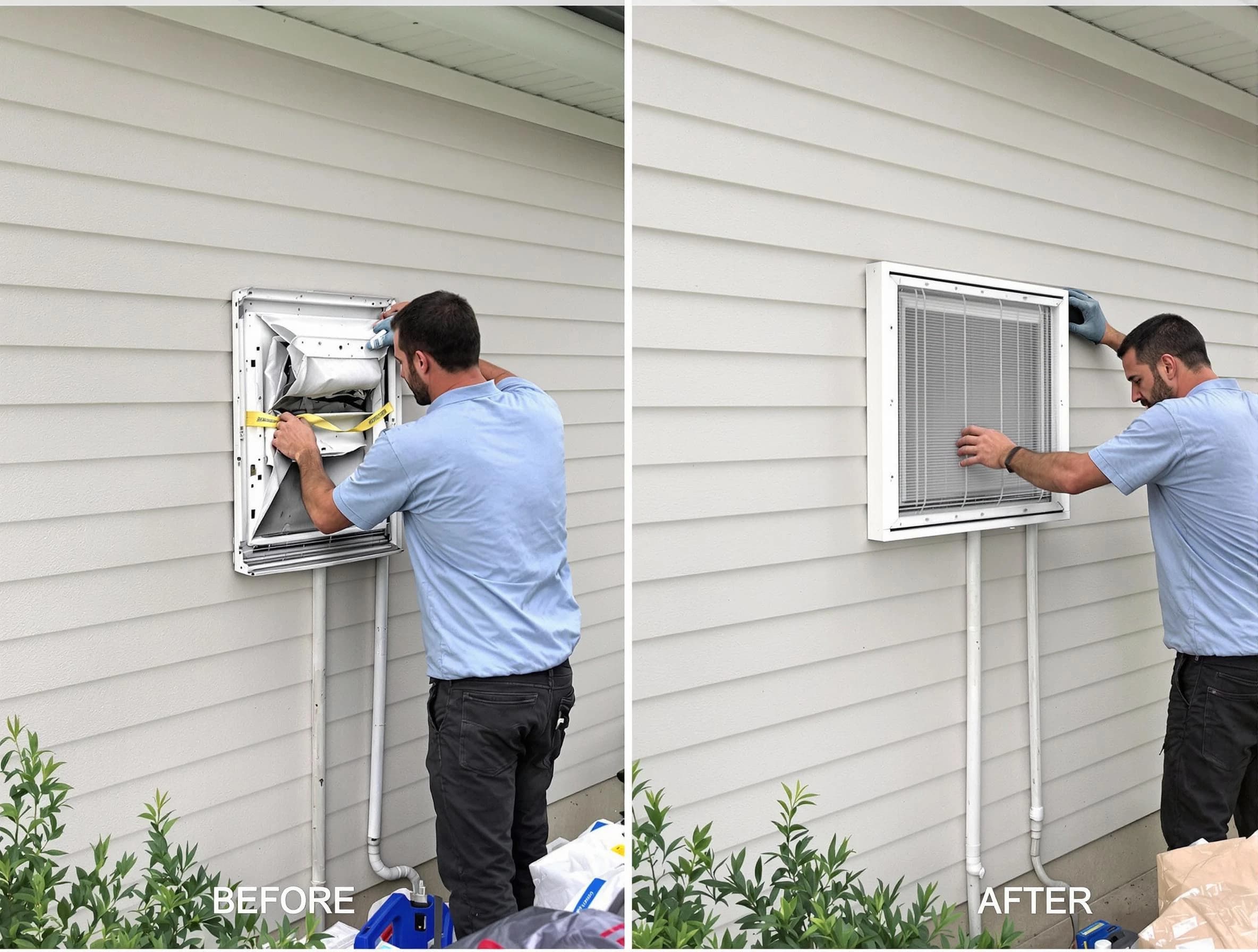 Milford Dryer Vent Cleaning technician installing high-quality dryer vent cover at a residential property in Milford